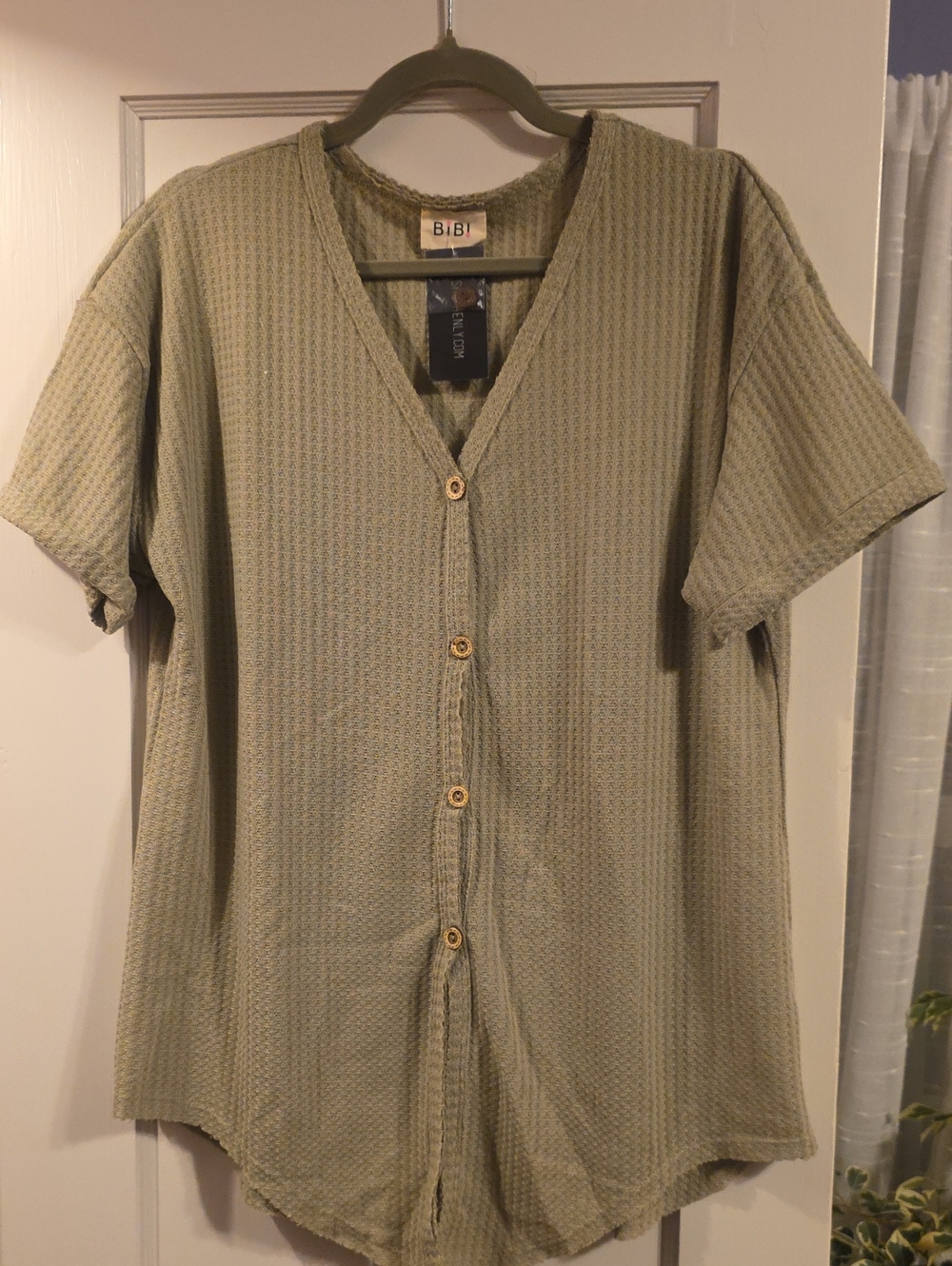 BiBi Olive Green Waffle Knit Button Front Top